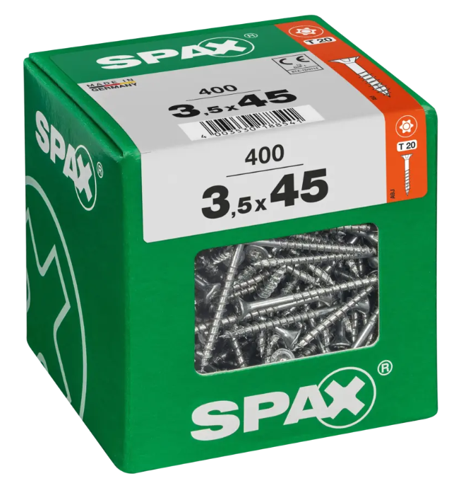 SPAX Universalschraube, 3,5 x 45 mm, 400 Stück, Teilgewinde, Senkkopf, T-STAR plus T20, 4CUT, WIROX, 4191010350446